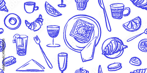 Seamless pattern with crayon plate. Hand-drawn coffee cups, tea drink