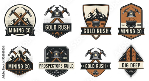 Vintage mining company logos featuring pickaxes, mountains, and gold rush themes.