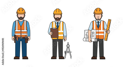 Three construction workers in safety gear stand in a row depicted in a flat graphic silhouette high quality professional detailed modern