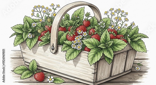 A wooden basket filled with strawberries and leaves, placed on a wooden surface, viewed from a slightly elevated angle.