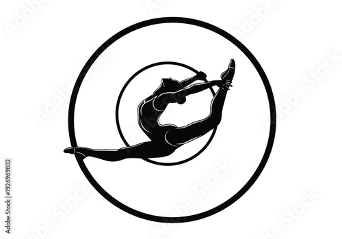 Gymnast silhouette logo. Female athlete in dynamic split pose. Sport and fitness emblem.