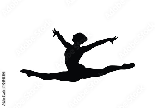 Gymnast silhouette performing a split jump. Dynamic pose showcasing athleticism and grace. Concept of flexibility and performance.