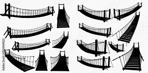 Set of rope bridge silhouettes, various designs and perspectives, isolated on a transparent background, depicting adventure and crossing.
