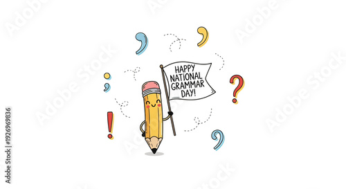 Colorful Cartoon Pencil with Sign and Symbols.