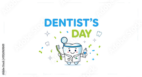 Cartoon Dentist Tooth Character with Tools.