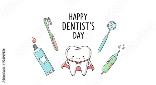 Cartoon Tooth Character with Dental Tools.