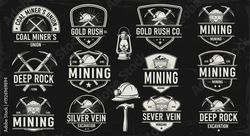 Collection of vintage mining emblems and logos on a dark background.