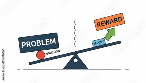Balancing act The weight of problems offset by the reward of effort, illustrating effective problem-solving strategies and motivation
