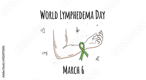 Green Ribbon Symbolizing Lymphhedema Awareness on White.