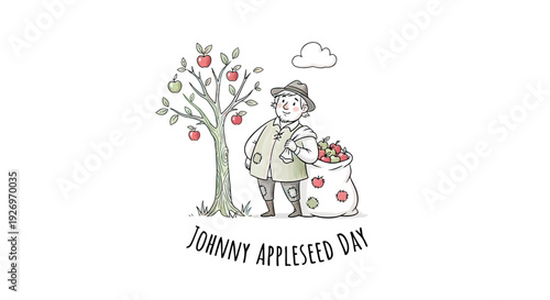 Illustration of Johnny Appleseed with Apple Tree.