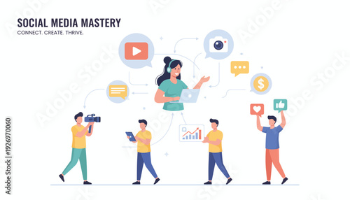 Flat vector concept illustrating social media marketing, content creation, and digital engagement strategies for effective online communication and business growth