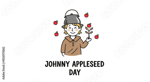 Illustration of Johnny Appleseed with Apples.