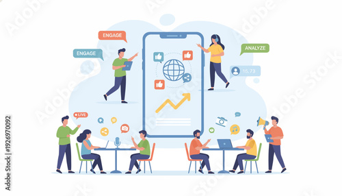 Flat vector illustration of a team collaborating around a smartphone displaying growth charts and analytics for digital marketing strategies and online business development