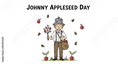 Johnny Appleseed Cartoon Character with Apples.