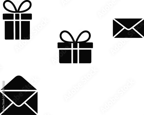 Envelope icon with gift box symbols in a simple black and white design