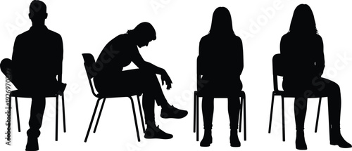 Silhouette people sitting on chairs, different postures, body language, contemplation, rest, relaxation, psychology, emotions, human figures, design illustration