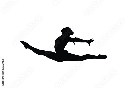 Gymnast silhouette performing a dynamic split leap. Graceful and agile movement. Concept of sports performance and physical excellence.