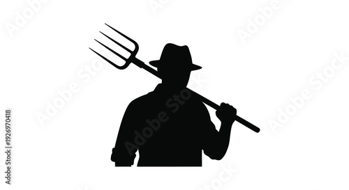 A dark silhouette of a farmer holding a pitchfork over his shoulder evoking rural life silhouette high quality professional detailed modern