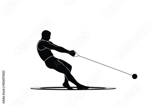 Hammer throw athlete silhouette. Dynamic black and white illustration of a person preparing to throw. Concept of strength, competition, and athletic sport.
