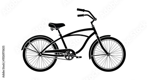 A black silhouette of a classic beach cruiser bicycle with curved handlebars and fenders presented in profile silhouette high quality professional