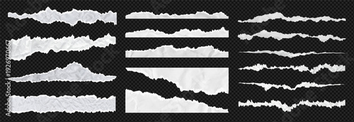 Jagged torn paper rip edge effect on clean white recycled sheet texture. Vector illustration collection of page piece, blank card, tag label, banner divider element, claw cut line. Clipart kit bundle