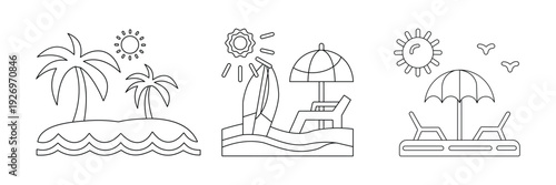 Summer Beach Icon Set with Umbrella, Chair and Palm Tree – Tropical Vacation Flat Vector Illustration Isolated on White Background