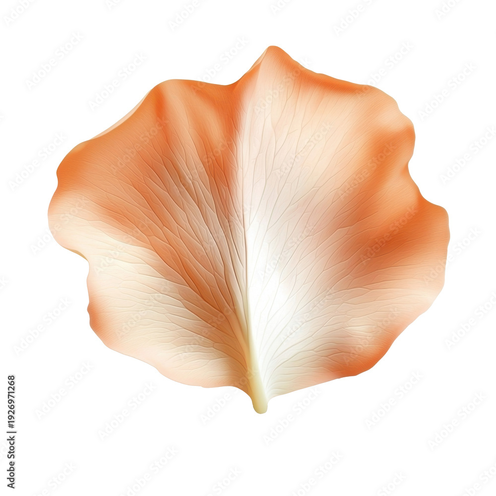 Fototapeta premium Single soft peach rose petal with gradient orange to white color and visible veins isolated on white transparent background