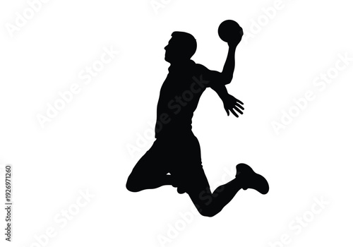 Handball player silhouette. Male athlete jumping and throwing a ball. Sport and competition concept.