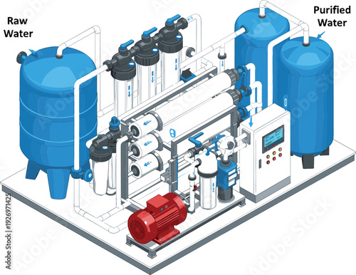 Detailed isometric diagram of an industrial water purification and filtration system, showing the process from raw water tanks to purified output.