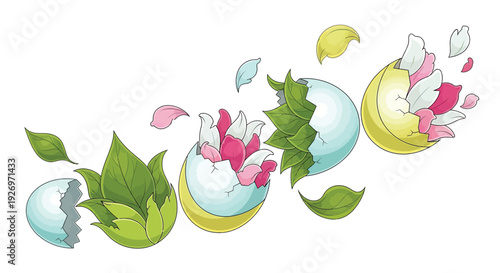 Sequence illustration shows a stylized egg hatching into blooming pink petals and green leaves.