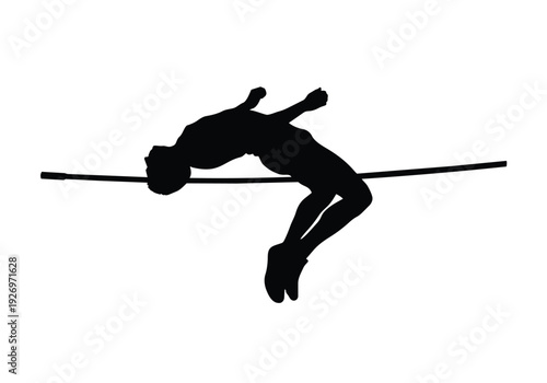 High jump athlete silhouette. Dynamic black and white illustration of a jumper clearing the bar. Concept of sport, competition, and achievement.