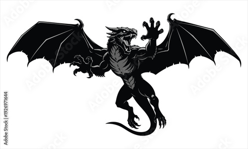 A black dragon with wings spread wide isolated on white background in a dynamic pose