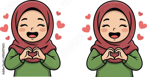 A cartoon illustration of a young woman wearing a burgundy hijab and green long-sleeved top against a white background.