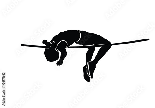 High jump silhouette illustration. Athlete clearing the bar in a black and white vector. Sports, challenge, and achievement concept.