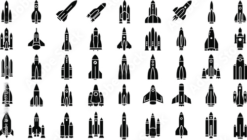 Collection of modern rocket ship icons for space exploration and technology design