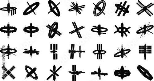 Collection of modern satellite and spacecraft silhouettes for tech and innovation projects