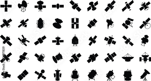 Collection of various satellite silhouettes for technology and space projects