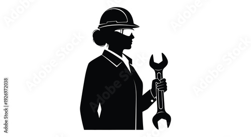 A stark black silhouette depicts a female engineer holding a wrench representing skilled labor and industry silhouette high quality professional detailed