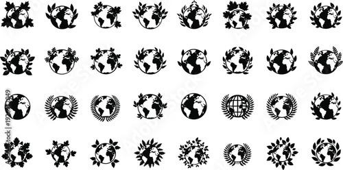 Earth surrounded by leaves and flowers in black silhouette