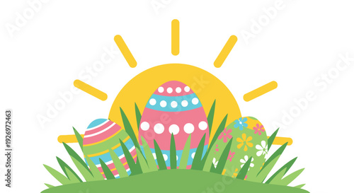 Decorated Easter eggs rest in green grass beneath a bright yellow rising sun.