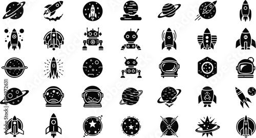 Space icons including planets, rockets, robots and astronauts for tech designs