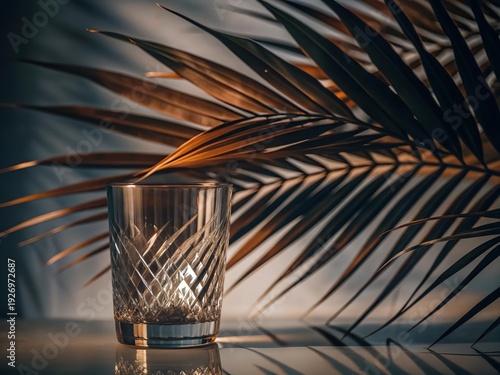 Green palm with reeded glass. White Reeded Glass. Luxury cosmetic wall with summer decoration. Ribbed Background. Abstract background with refreshing gradient for spa style design. Plant leaves.