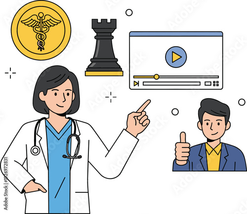 Doctor Providing Medical Strategy Consultation Vector Illustration with Patient Giving Thumbs Up, Representing Successful Healthcare Planning and Wellness