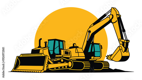 A powerful excavator working under a bright sunset sky