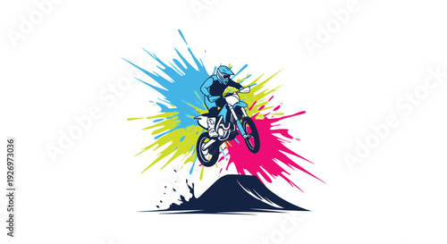 A dynamic illustration depicts a motorcyclist performing a jump amidst a vibrant splash of color silhouette high quality professional detailed modern