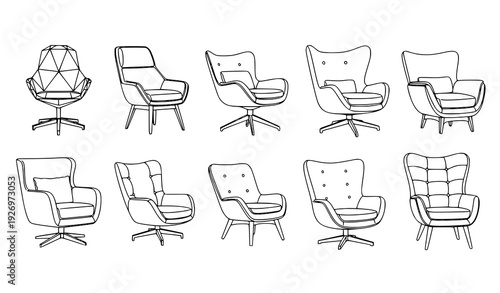 Modern armchair line art vector set with Scandinavian lounge chair sketches