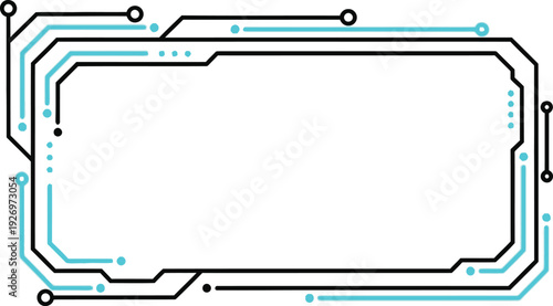 A futuristic circuit board design with a rectangular outline and neon blue accents on a white background