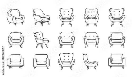 Scandinavian armchair outline icon set with minimal linear soft furniture vector collection