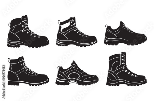 Professional hiking boot and athletic shoe silhouettes featuring detailed outlines and rugged soles suitable for outdoor adventure branding sports equipment and footwear retail designs