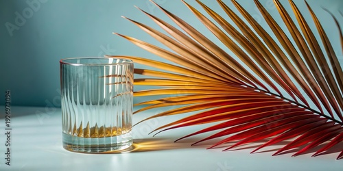 Green palm with reeded glass. White Reeded Glass. Ribbed Background. Plant leaves. Abstract background with refreshing gradient for spa style design. Summer concept with blurred luxury wall.